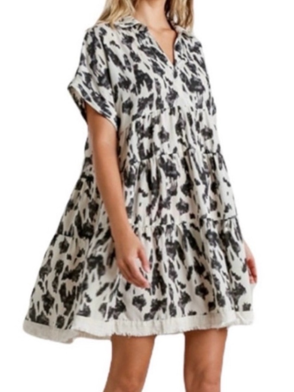 Umgee Black and White Animal Print Linen Blend Tiered Dress with Raw Hem.